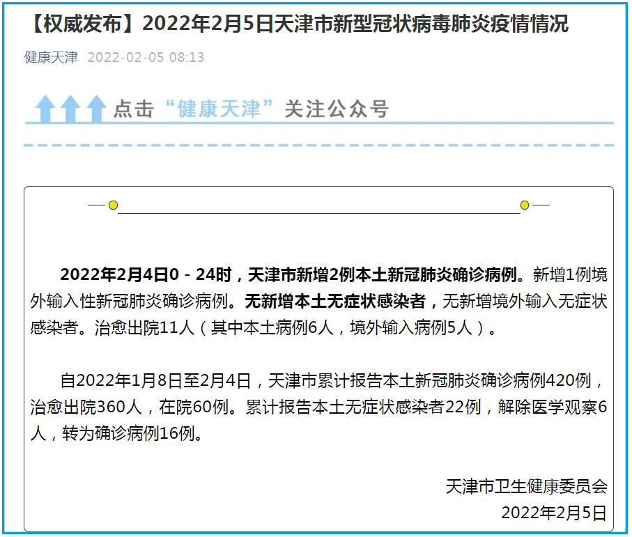 天津市新增2例本土新冠肺炎确诊病例