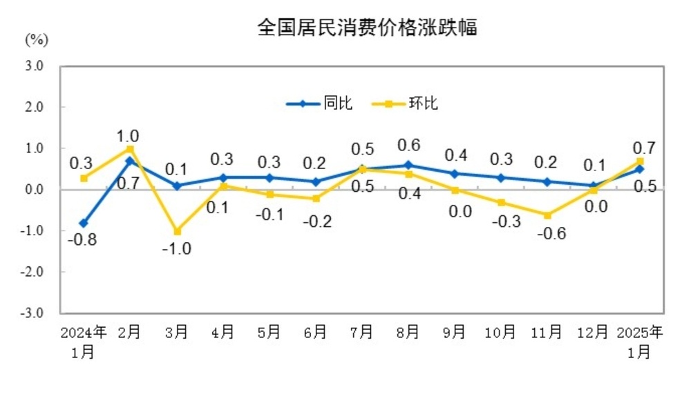 2025年1月份居民消费价格同比上涨0.5%