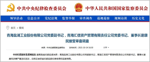 青海盐湖股份公司党委副书记谢康民接受审查调查