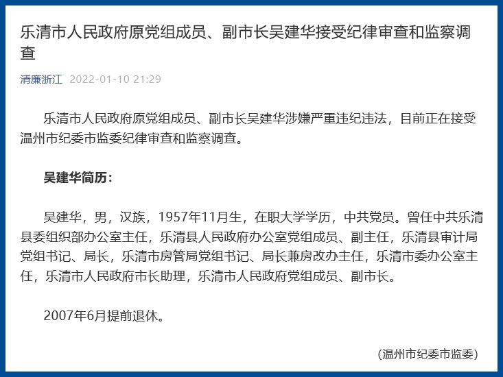 浙江省乐清市人民政府原党组成员副市长吴建华接受审查调查